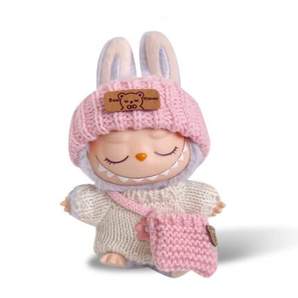 POP MART The Monsters Labubu Fashion Dress -  Pink knitted hat + white floral sweater + pink knitted bag